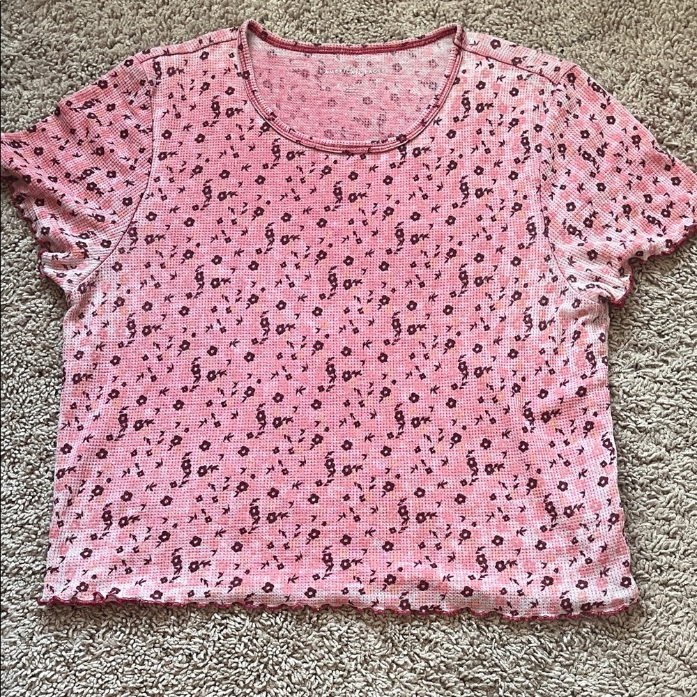 American Eagle Outfitters Pink Floral Mesh Tee